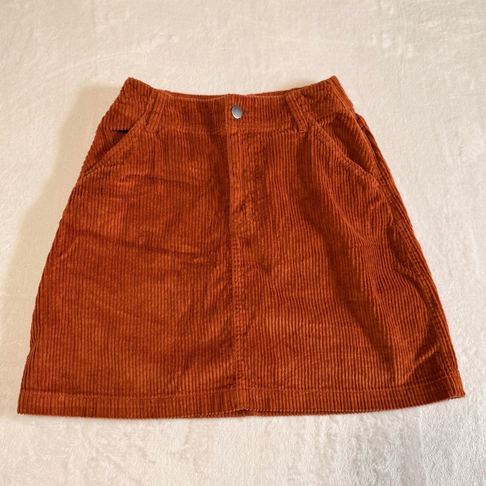 Pact Burnt Orange Corduroy Mini Skirt Small Organic Cotton Stretch Boho Fall